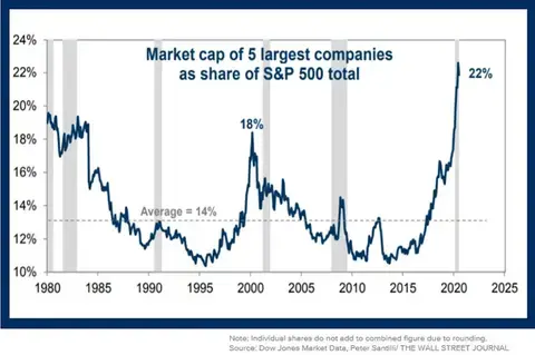Market cap of 5 largest companies as share of S&amp;P 500 total