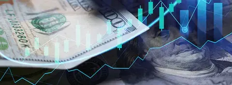 Collage-style image with multiple shots of U.S. currency and multiple charts laid over it.